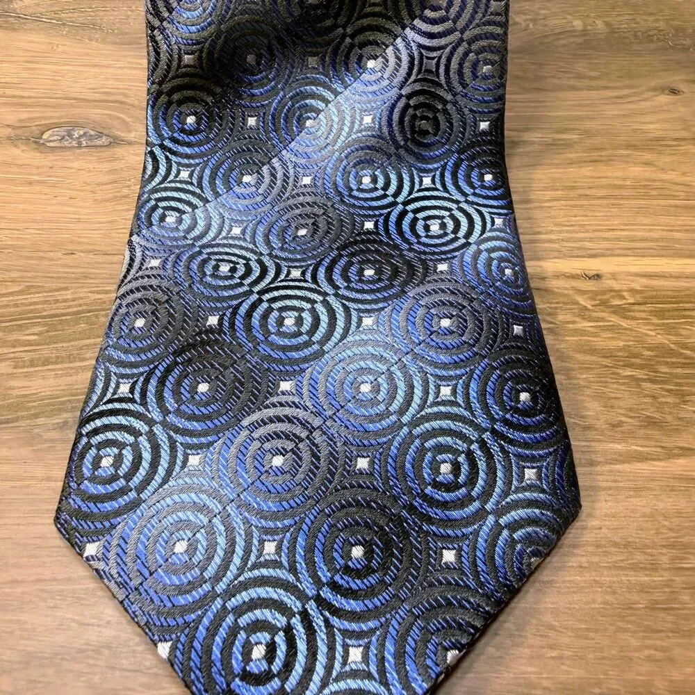 VTG Paul Dione Tie Blue Black Geometric Circle Print Silk Necktie